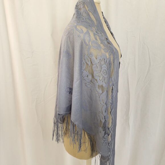 Formal Shawl Fringe Gray Triangle Scarf Lace Evening Shoulder Wrap Romantic - Picture 3 of 7